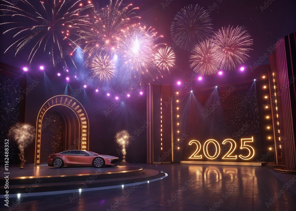 Fototapete happy new year with numbers 2025 with sparkling confetti particles scattered around and firework, ci