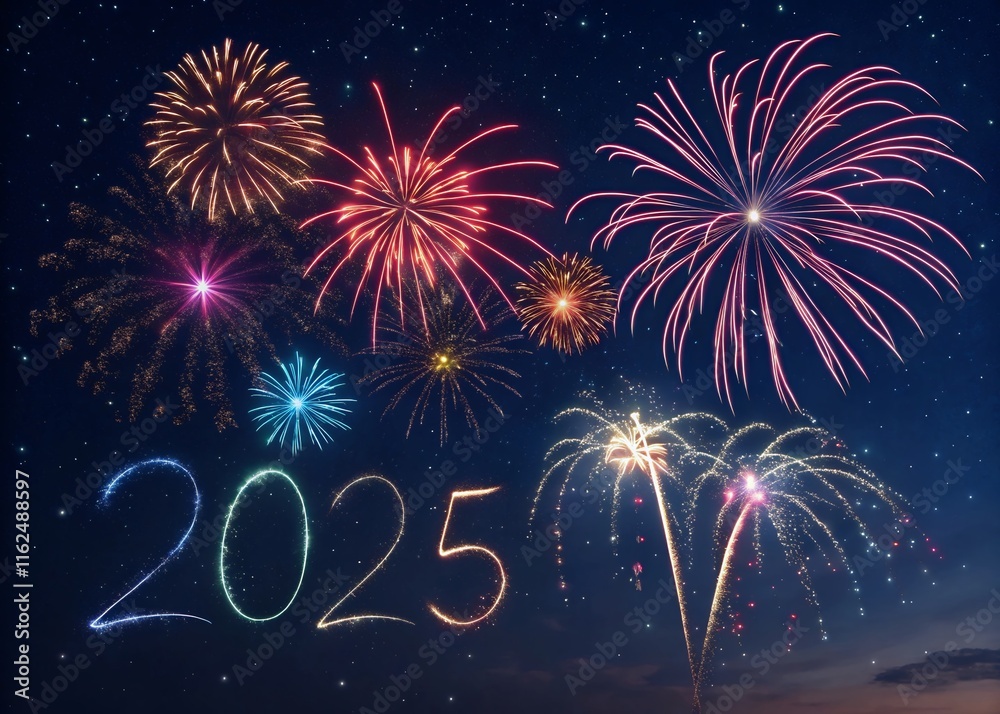 Fototapete happy new year with numbers 2025 with sparkling confetti particles scattered around and firework, ci