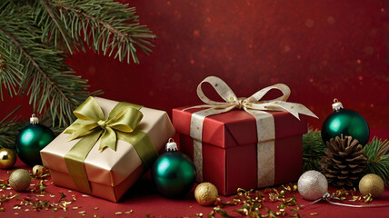 Festive New Year's decorations and pinecones beautifully arranged on a vibrant green background, evoking a natural holiday charm.