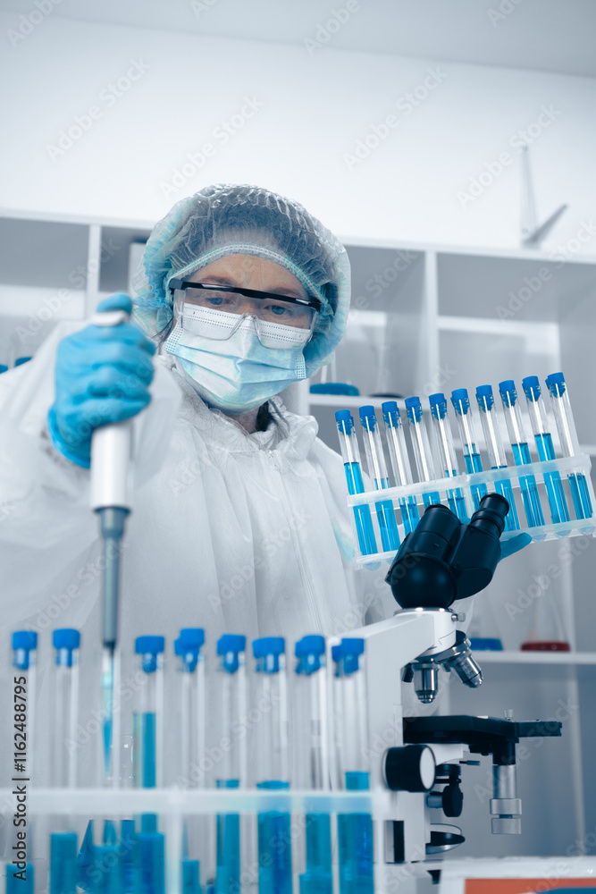 Poster In a contemporary modern laboratory, a dedicated scientist is deeply engaged in the meticulous process of conducting various experiments using an array of test tubes to gather valuable data