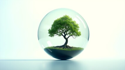 A tree growing inside a glass sphere, symbolizing sustainability and growth