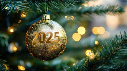 Festive New Year 2025 Ornament on Tree