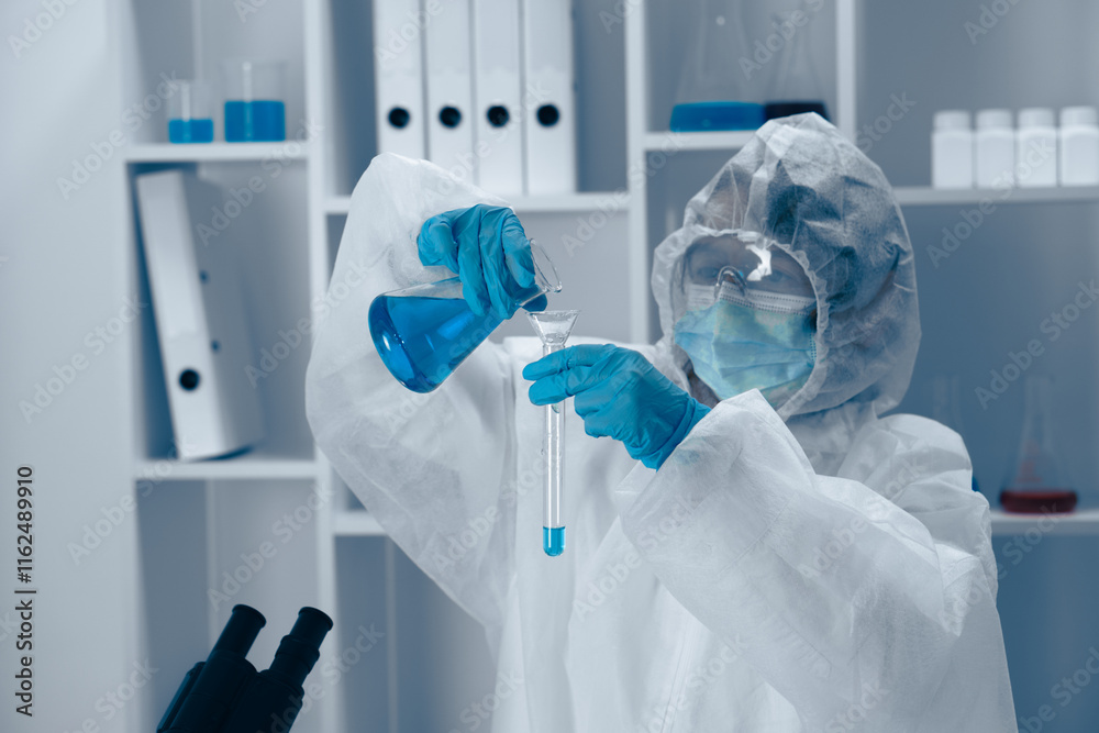 Aufkleber A meticulous scientist in protective gear is conducting a complex experiment in a hightech lab, using chemical elements and biological agents to advance our understanding of science and technology