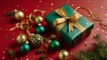 Festive New Year's decorations and pinecones beautifully arranged on a vibrant green background, evoking a natural holiday charm.