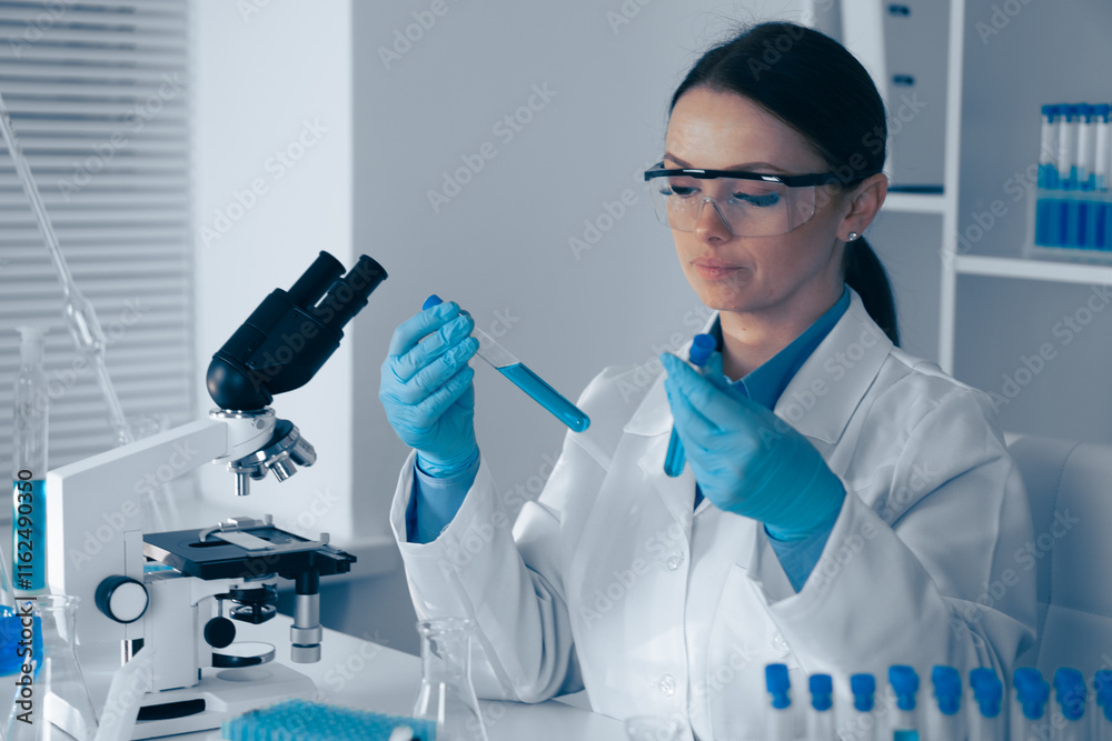 Poster In a wellequipped lab, a dedicated scientist analyzes a sample using advanced tools, contributing significantly to groundbreaking research and discoveries in science and technology