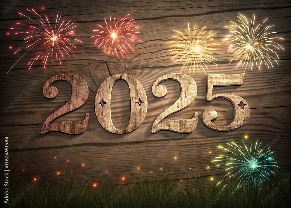 Fototapete happy new year with numbers 2025 with sparkling confetti particles scattered around and firework, ci