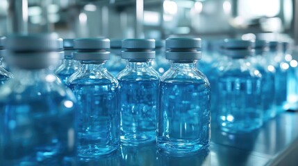 Automated Pharmaceutical Production Line Filling Vials with Blue Liquid