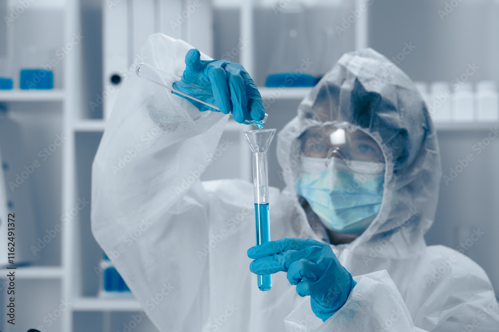 Poster a scientist is carefully conducting an intricate experiment involving a test tube within a wellequip