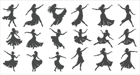 Fototapeta premium Dancing Women silhouettes, Vector silhouettes of girls dancing in different positions, Woman dancing silhouette vector illustration, Vector silhouette of a woman dancing 