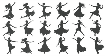 Silhouettes of woman dancing celebration, Silhouettes of female ballet dancers, Beautiful women dancing in silhouettes vector, Black and white silhouettes of women dancing, Female Dancers Silhouettes