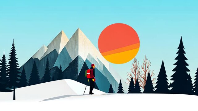 Winter Landscape Vector Illustration of Woman and Couple Skiing in Mountain Nature 