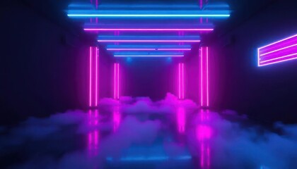 Obraz premium Futuristic Neon Corridor with Fog and Lights Wallpaper Background