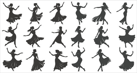 Silhouettes of woman dancing celebration, Silhouettes of female ballet dancers, Beautiful women dancing in silhouettes vector, Black and white silhouettes of women dancing, Female Dancers Silhouettes