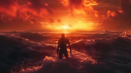 Obraz premium Silhouette of Man Against Fiery Sunset Over Ocean for Adventure Freedom and Inspirational Concepts 