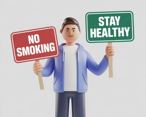 Man Holding Signs 'No Smoking' and 'Stay Healthy' with Light Gray Background