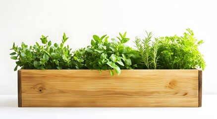 Fototapeta premium A small wooden planter box on a white background with green plants to balance the environment. It adds interest to the environment and is an easy idea to decorate the living room.