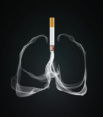3d cigarette illustration with white smoke floating in the shape of human lungs on black background. Used in medicine, education, advertising, commerce and industry.