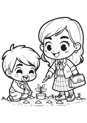Coloring book cute teacher and boy happy learning