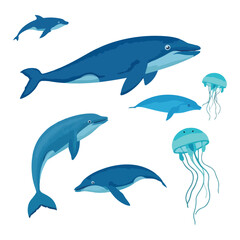 A collection of vector illustrations of sea animals, including whales, dolphins, and jellyfish, isolated on a white background