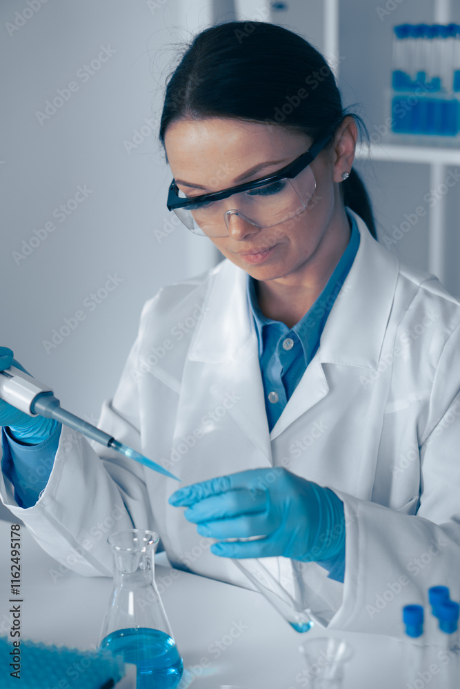 Poster a female scientist is actively conducting a detailed laboratory experiment while skillfully using a 