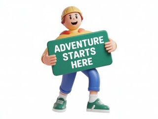 3D Character Holding 'Adventure Starts Here' Sign to Inspire Exploration, Clean White Background