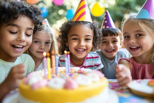 Happy multicultural group of kids having fun during birthday party with confetti