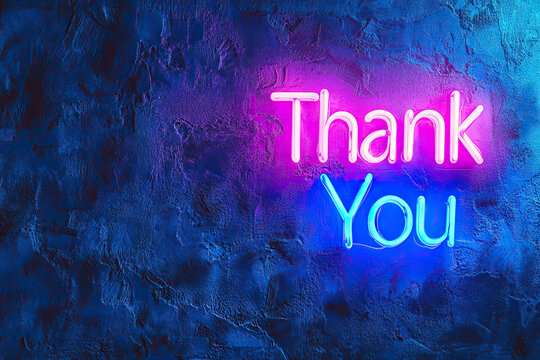 Modern blue neon sign radiates "Thank You" message over textured dark backdrop