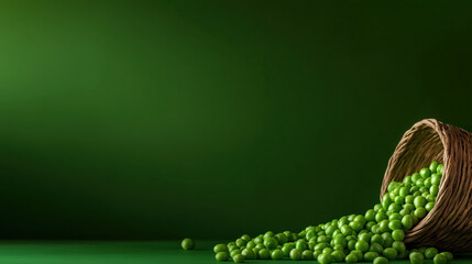 Green peas spilling from wicker basket. Farm produce content
