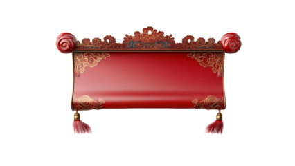 3D Blank Chinese Style Red Scroll Banner with Golden Ornamental Patterns and Tassels on a transparent backgound