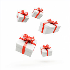 Gift boxes wrapped in white paper and tied with red ribbons, floating against a white background, symbolizing celebrations and holidays.