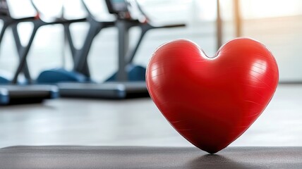 A vibrant red heart symbolizes fitness and health, with gym equipment in the background, promoting a lifestyle focused on well-being.