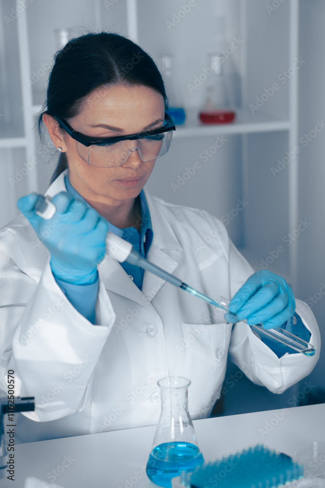 Aufkleber A scientist is conducting an intricate experiment in a wellequipped laboratory setting, utilizing a precise pipette to accurately measure and transfer liquids for research purposes