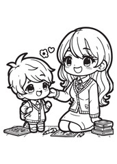 Coloring book cute boy and mom talk 