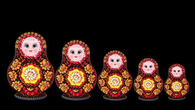 National toy, folklore, animation. Russian wooden matryoshka doll. Copy space
