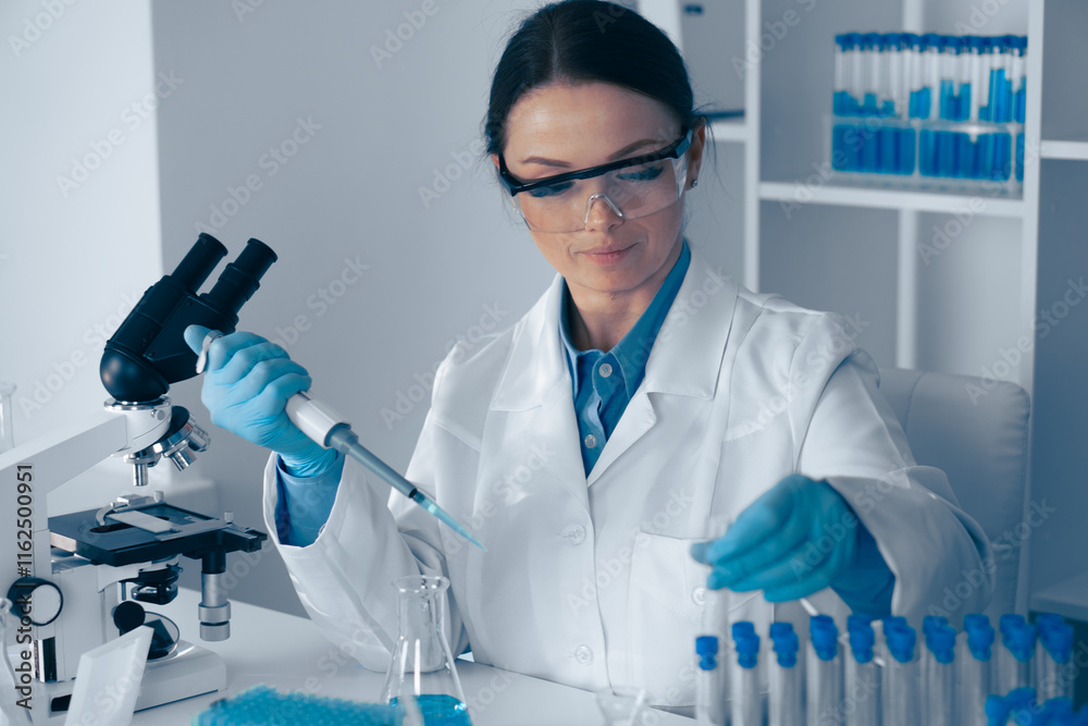 Aufkleber Laboratory Research A dedicated scientist is meticulously conducting various experiments using a micropipette and an array of test tubes to advance our understanding in the field of science