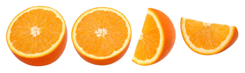 half orange fruit and slice isolated, Orange fruit macro studio photo, transparent PNG, PNG format, cut out.