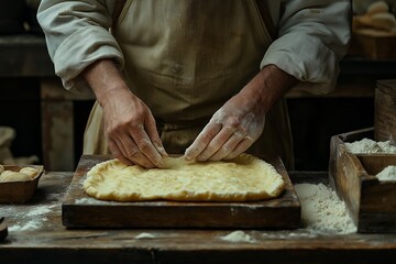A skilled chef prepares dough for Boudin, a type of sausage made from pork, showcasing the art of traditional food making in a rustic kitchen setting.