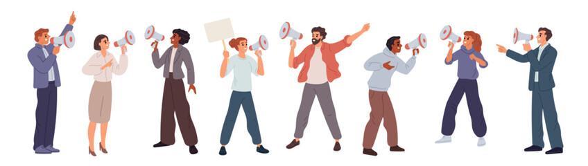 Fototapeta premium People talking through megaphone. Public speakers. Agitators shouting into loudspeakers. Different poses. Persons agitating and announcing. Demonstration activist. Garish vector set