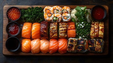 A Creative Seafood Platter Featuring a Mix of Sushi, Sashimi, and Grilled Delights Artistically Arranged for a Perfect Social Sharing Experience