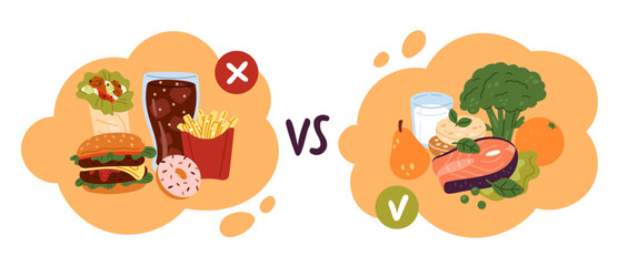 Healthy vs fastfood. Juxtaposition of junk and fresh meal. Nutritional balanced products. Unhealthy cholesterol food. Diet choice. Cola with burger or vegetables. Garish vector concept