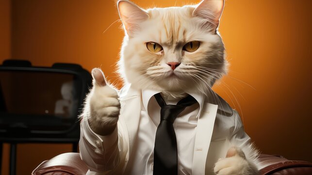 Elegant Cat in Business Attire, Giving Thumbs Up, Successful Feline