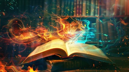 Fire Dragon Emerging from an Open Book