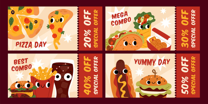 Fast food discount vouchers. Hot offers coupons design templates. Street food banners with sales. Compound meals. Promo tickets. Pizza or burger flyers. Cafe promotion. Garish vector set