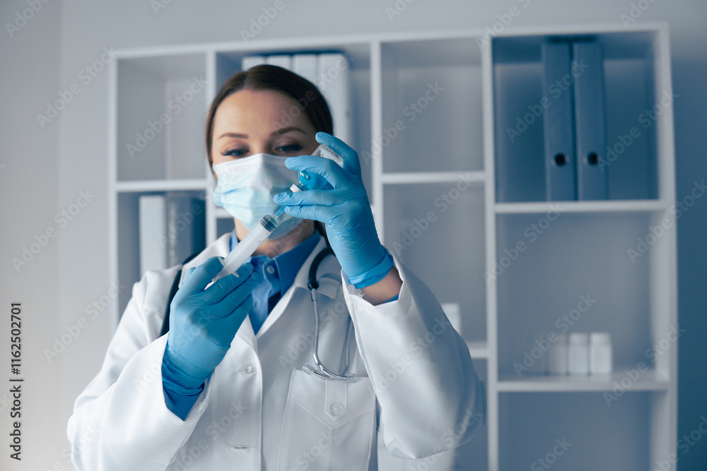 Poster a dedicated healthcare professional is meticulously preparing a vaccine in a clinical setting, ensur