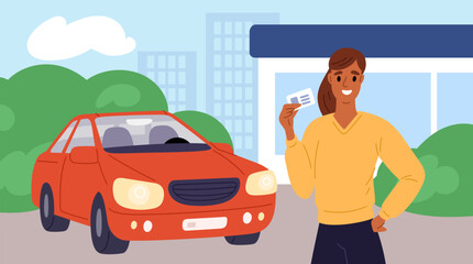 Driver license getting. Girl holds auto school diploma. Ability to drive car. Happy woman successfully passed exam. Automobile traffic examination. Education course. Garish vector concept