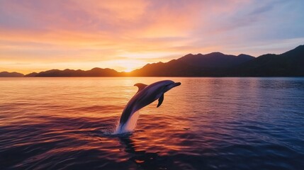 Obraz premium Majestic pink dolphin breaching under a vibrant sunset over calm tropical waters surrounded by marine beauty and silhouetted island landscapes