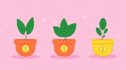 Growing Investments: Illustrative Concept of Plants in Pots with Dollar Symbols