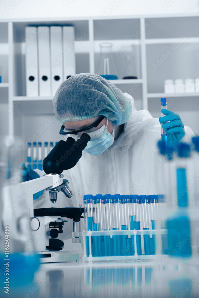 Poster in a thoroughly modern laboratory setting, a dedicated scientist is carefully analyzing various samp