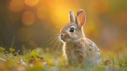 Fototapeta premium Adorable Baby Rabbit in Golden Autumn Sunlight Meadow nature background