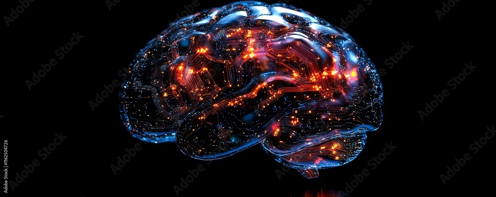 Poster a brain with vibrant circuit connections, symbolizing the seamless fusion of agis humanlike reasonin